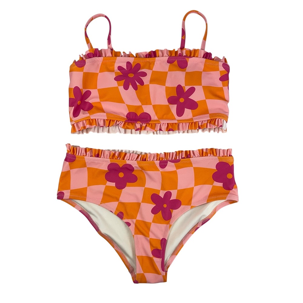evsie Maurices Checkered Floral Bandeau Bikini Pink Orange 2-Piece Swimsuit